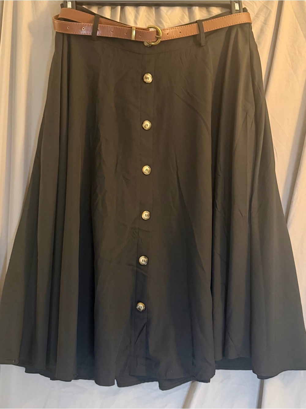 Belle Poque 2XL Black A-Line Midi Skirt High Waist Belt Button Front Retro